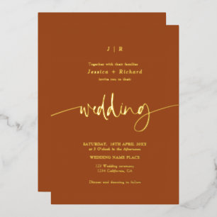 Elegante Schrift Pinsel Terrakotta Hochzeit Gold Folieneinladung
