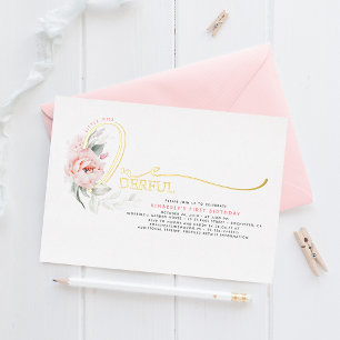 Elegante Schrift Rosa Blumen 1. Geburtstag Baby Mä Folieneinladung