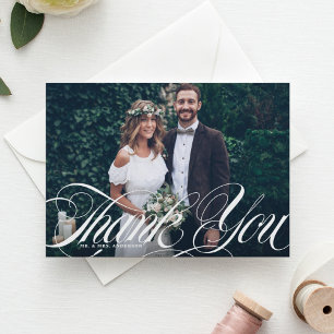 Elegante Schrift Schwung weiß Foto Hochzeit Danke Postkarte