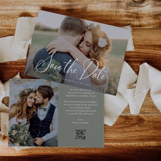 Elegante Schrift und Salbeigrün | Foto und QR-Code Save The Date