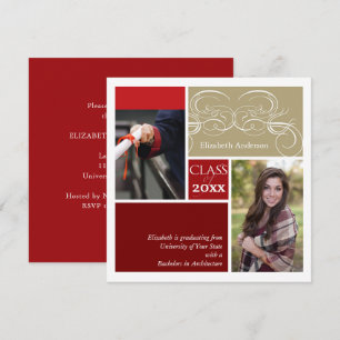 Elegante Schriftrollen Rot Zwei Foto Abschlussfeie Einladung