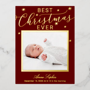 Elegante Schriftzug-Foto-Weihnachts-Geburtsanzeige Folien Feiertagspostkarte