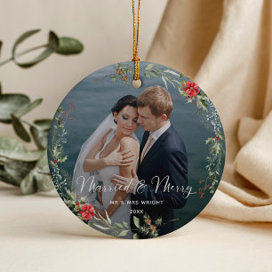 Elegante Schriftzug-Hochzeitsfoto-Ornament Keramik Ornament
