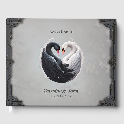 Elegante Schwäne, die gemeinsam ein Herz versprech Gästebuch (Vorderseite)