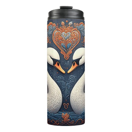 Elegante Schwäne durch Verzierte Blumenmuster Thermosbecher (Vorderseite)