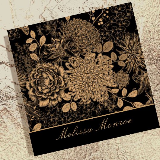 Elegante Schwarz & Beige Wildblumen Beruflich Quadratische Visitenkarte