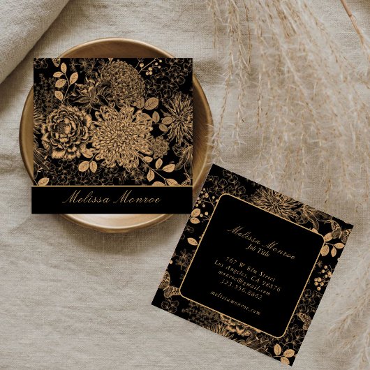 Elegante Schwarz & Beige Wildblumen Beruflich Quadratische Visitenkarte