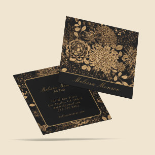 Elegante Schwarz & Beige Wildblumen Beruflich Quadratische Visitenkarte