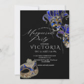 Elegante Schwarz & Blau Masquerade Geburtstag Einladung (Vorderseite)