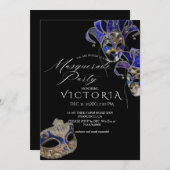 Elegante Schwarz & Blau Masquerade Geburtstag Einladung (Vorne/Hinten)