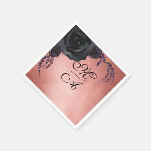 Elegante Schwarz-Blüten-Blüten-Monogramm-Hochzeit Serviette (Ecke)