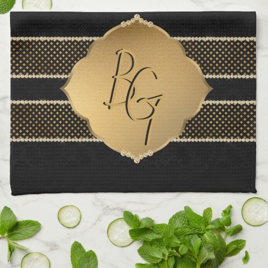 Elegante Schwarz-Diamant-Form Monogram-Initialen Geschirrtuch (Gefaltet)