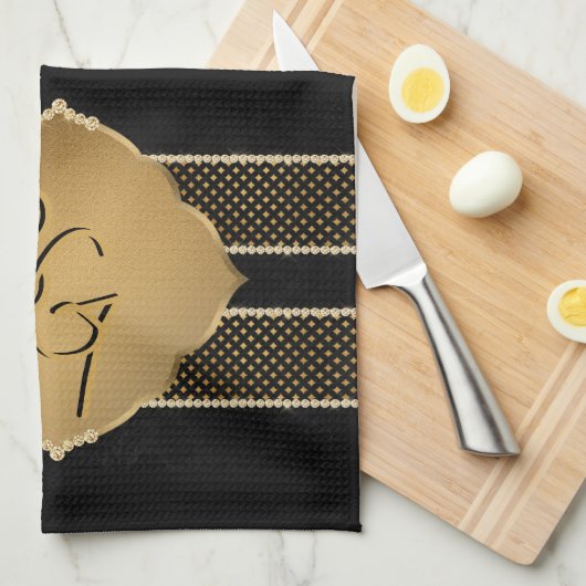 Elegante Schwarz-Diamant-Form Monogram-Initialen Geschirrtuch (Viertel Falte)
