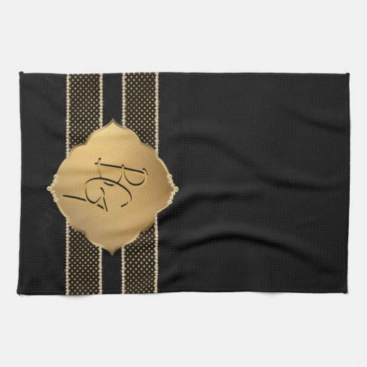 Elegante Schwarz-Diamant-Form Monogram-Initialen Geschirrtuch (Horizontal)
