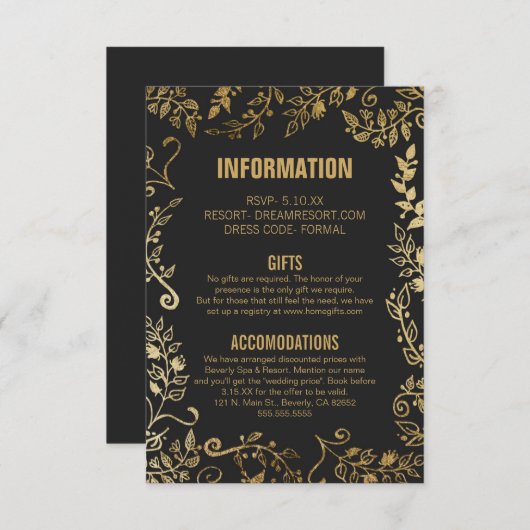 Elegante Schwarz-Gelb-Gold-Flora-Hochzeitsinfo Begleitkarte (Vorne/Hinten)