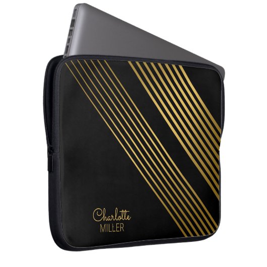 Elegante Schwarz-Gold Abstrakte Linien und Individ Laptopschutzhülle (Vorne Rechts)