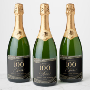 Elegante Schwarz-Gold-Achat-100.-Geburtstagsfeier Schaumweinetikett