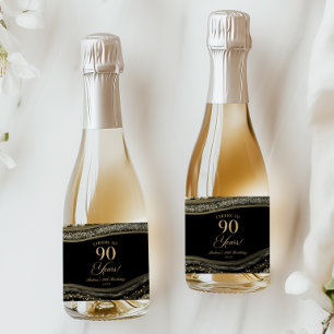 Elegante Schwarz-Gold-Achat-90.-Geburtstagsfeier Schaumweinetikett
