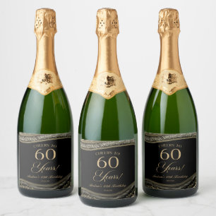 Elegante Schwarz-Gold-Achat-Party zum 60. Geburtst Schaumweinetikett