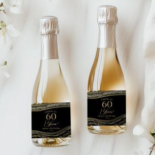 Elegante Schwarz-Gold-Achat-Party zum 60. Geburtst Schaumweinetikett