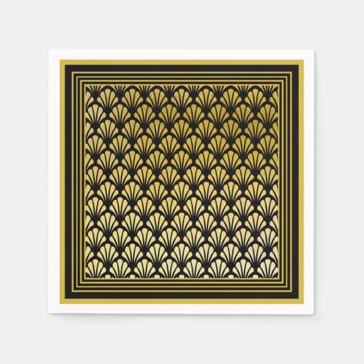 Elegante Schwarz & Gold Art Deco Fan Muster Hochze Serviette (Vorderseite)