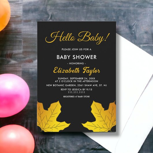 Elegante Schwarz-Gold-Blätter fallen Babydusche Einladung