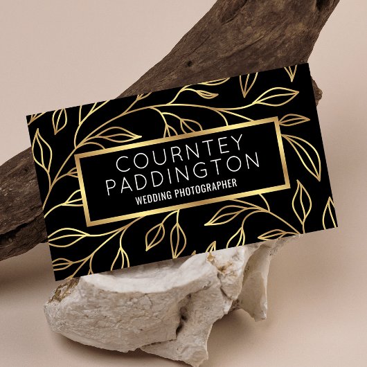 Elegante Schwarz & Gold Blumen Moderne Beruflich Visitenkarte