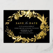 Elegante Schwarz-Gold-Blumen Moderne Save the Date Folieneinladung (Vorderseite)