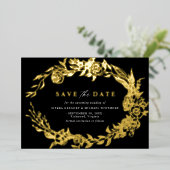 Elegante Schwarz-Gold-Blumen Moderne Save the Date Folieneinladung (Stehend vorne)