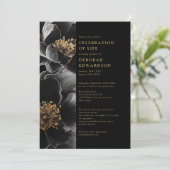 Elegante Schwarz-Gold-Blumenfeier Einladung (Stehend Vorderseite)