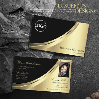 Elegante Schwarz-Gold-Dekoration mit Logo und Foto Visitenkarte
