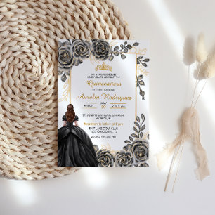 Elegante Schwarz-Gold-Floral Quinceanera Einladung