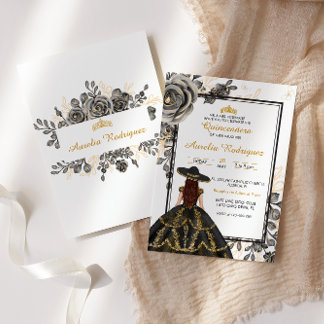 Elegante Schwarz-Gold-Floral Quinceanera Einladung