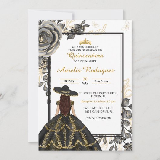 Elegante Schwarz-Gold-Floral Quinceanera Einladung (Vorderseite)