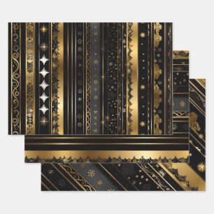 Elegante Schwarz-Gold-Gestreifte Kollektion Geschenkpapier Set