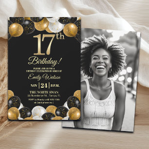 Elegante Schwarz-Gold-Glitter 17. Geburtstagsfoto Einladung