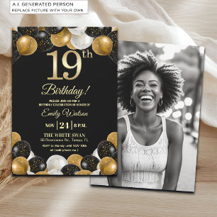 Elegante Schwarz-Gold-Glitter 19. Geburtstagsfoto Einladung