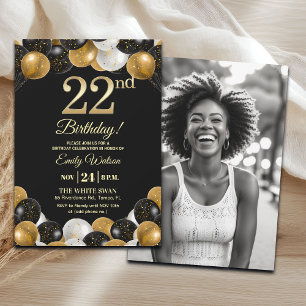 Elegante Schwarz-Gold-Glitter 22. Geburtstagsfoto Einladung