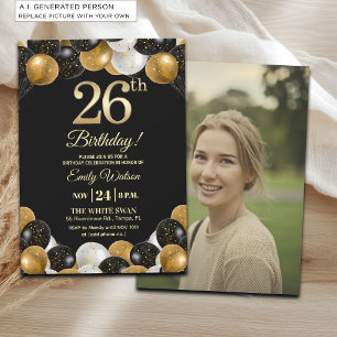 Elegante Schwarz-Gold-Glitter 26. Geburtstagsfoto Einladung