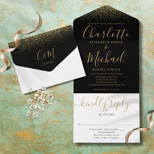 Elegante Schwarz-Gold-Glitzer-Script-Hochzeit All In One Einladung