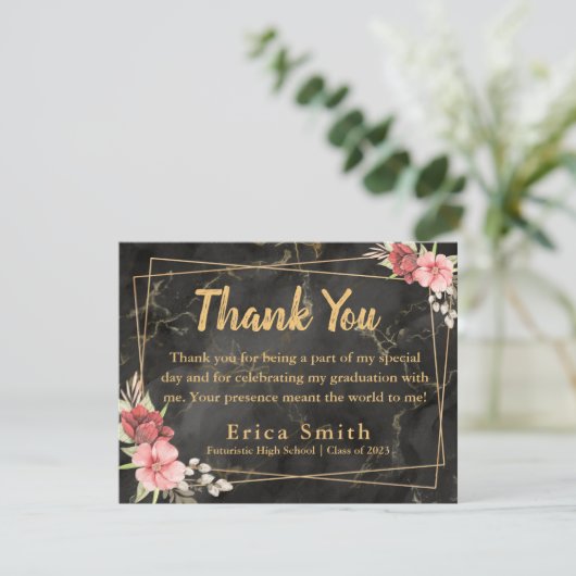 Elegante Schwarz-Gold-Graduierungsparty Dankeskarte (Stehend Vorderseite)
