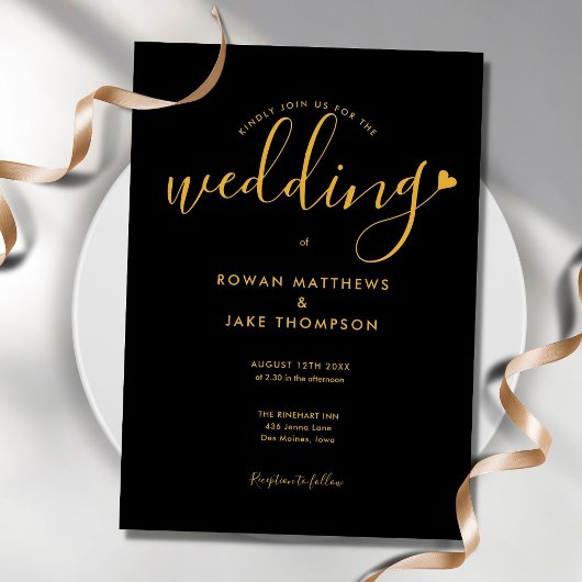 Elegante Schwarz-Gold-Herz-Script-Hochzeit Einladung