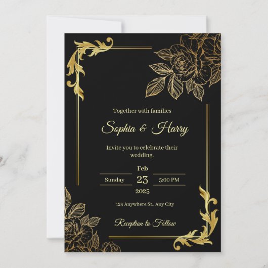Elegante Schwarz-Gold-Hochzeit Einladung (Vorderseite)