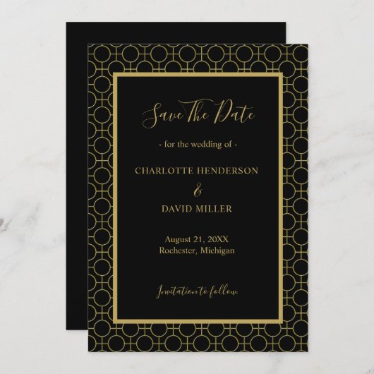 Elegante Schwarz-Gold-Hochzeit Save The Date (Vorne/Hinten)
