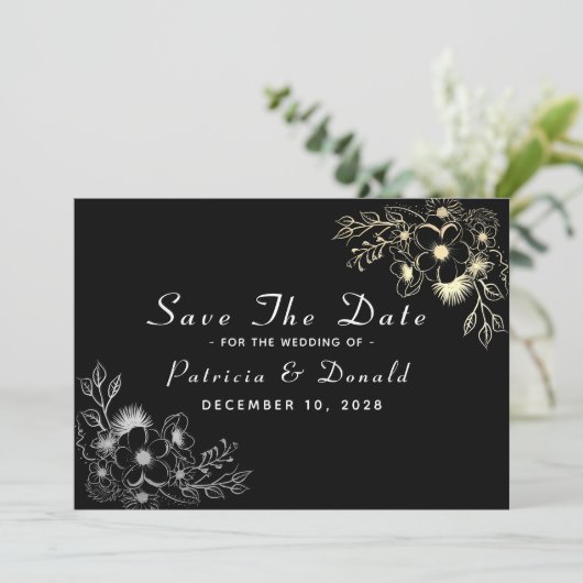 Elegante Schwarz-Gold-Hochzeit Save The Date (Stehend Vorderseite)