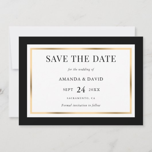 Elegante Schwarz-Gold-Hochzeit Save The Date (Vorderseite)