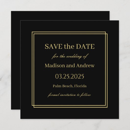 Elegante Schwarz-Gold-Hochzeit Sichern Sie die Dat Einladung (Vorne/Hinten)