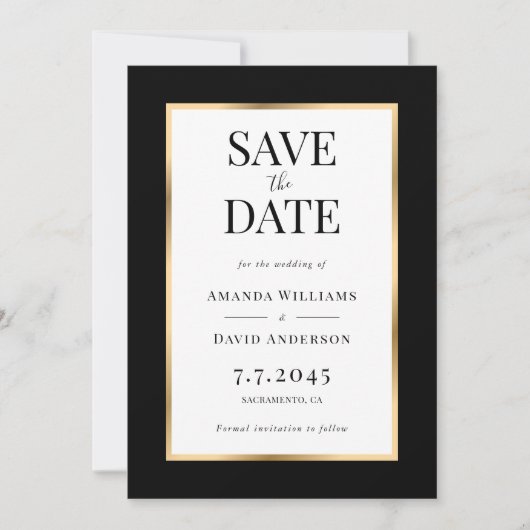 Elegante Schwarz-Gold-Hochzeit speichert die Datum Save The Date (Vorderseite)