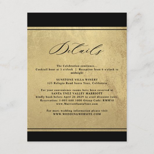 Elegante Schwarz-Gold-Hochzeitdetails - Einschließ Begleitkarte (Vorderseite)