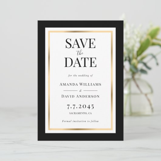 Elegante Schwarz-Gold-Hochzeiten speichern die Dat Save The Date (Stehend Vorderseite)